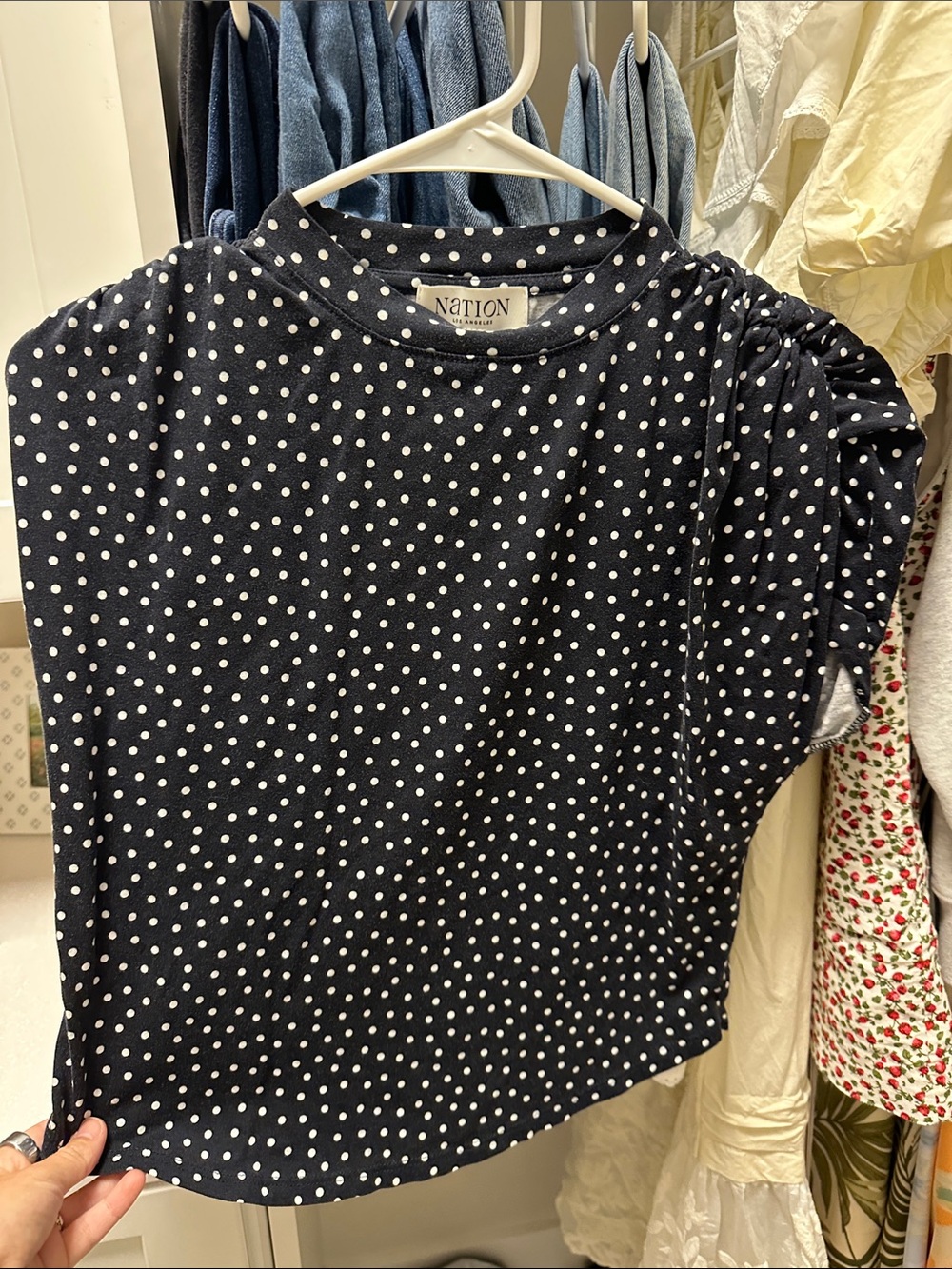 Nation LTD Navy Polka Dot Short Sleeve Top
